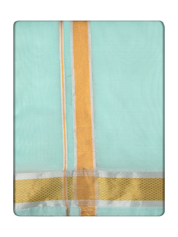 Men's Premium Art Silk Mint Leaf Green Shirt Bit with Gold Jari Border Dhoti Towel Combo Wedding Wonders