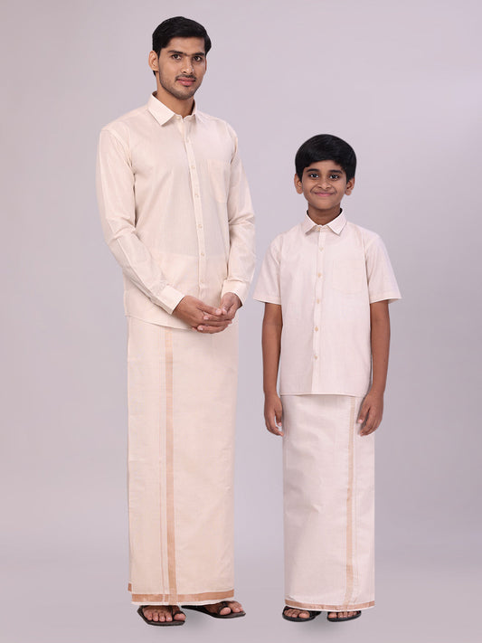 Father & Son Light Copper Color Tissue Shirt with Jari Dhoti Combo