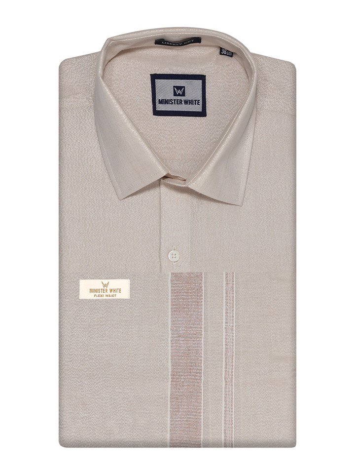 Mens Tissue Light Copper Colour Flexi Dhoti Shirt Wedding Combo Maverik Flexi by Minister White