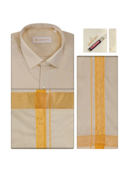 Mens Art Silk Light Copper Full Sleeves Shirt with Gold Jari Border Dhoti & Towel Combo Blush
