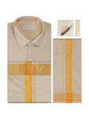 Mens Art Silk Light Copper Full Sleeves Shirt with Gold Jari Border Dhoti & Towel Combo Blush
