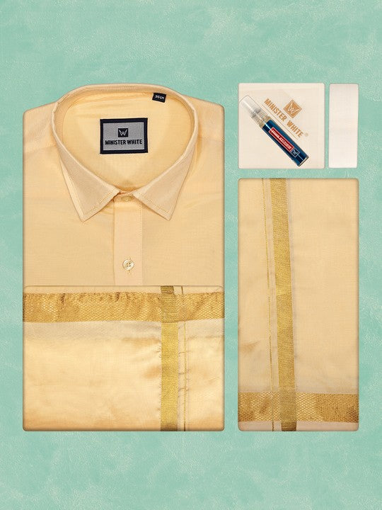 Mens Art Silk Light Gold Full Sleeves Shirt with Gold Jari Border Dhoti & Towel Combo Blush
