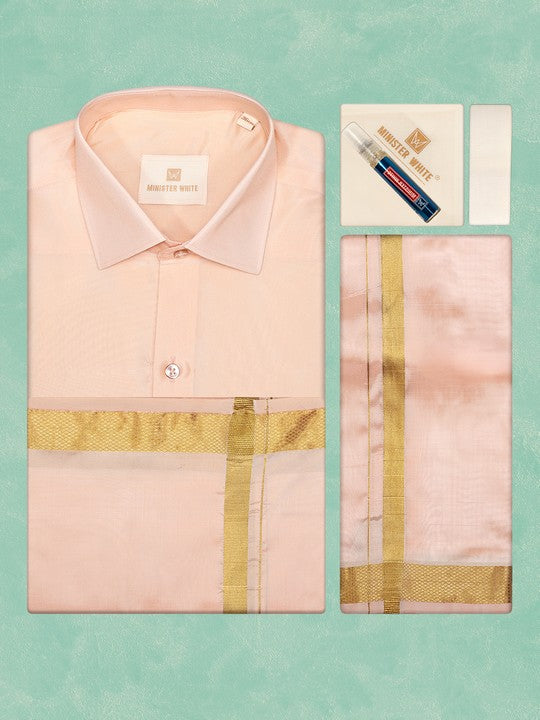 Mens Art Silk Light Peach Full Sleeves Shirt with Gold Jari Border Dhoti & Towel Combo Blush