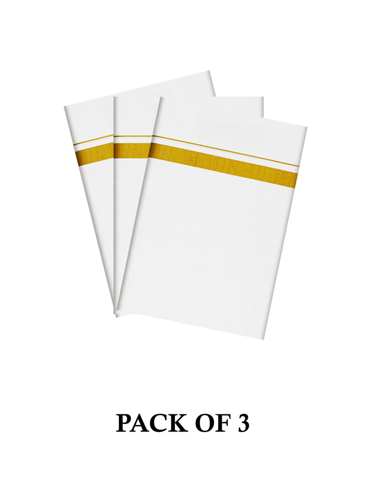 Men's Cotton White Color Single Layered Dhoti with 3/4" Gold Jari Border _ Pack of 3