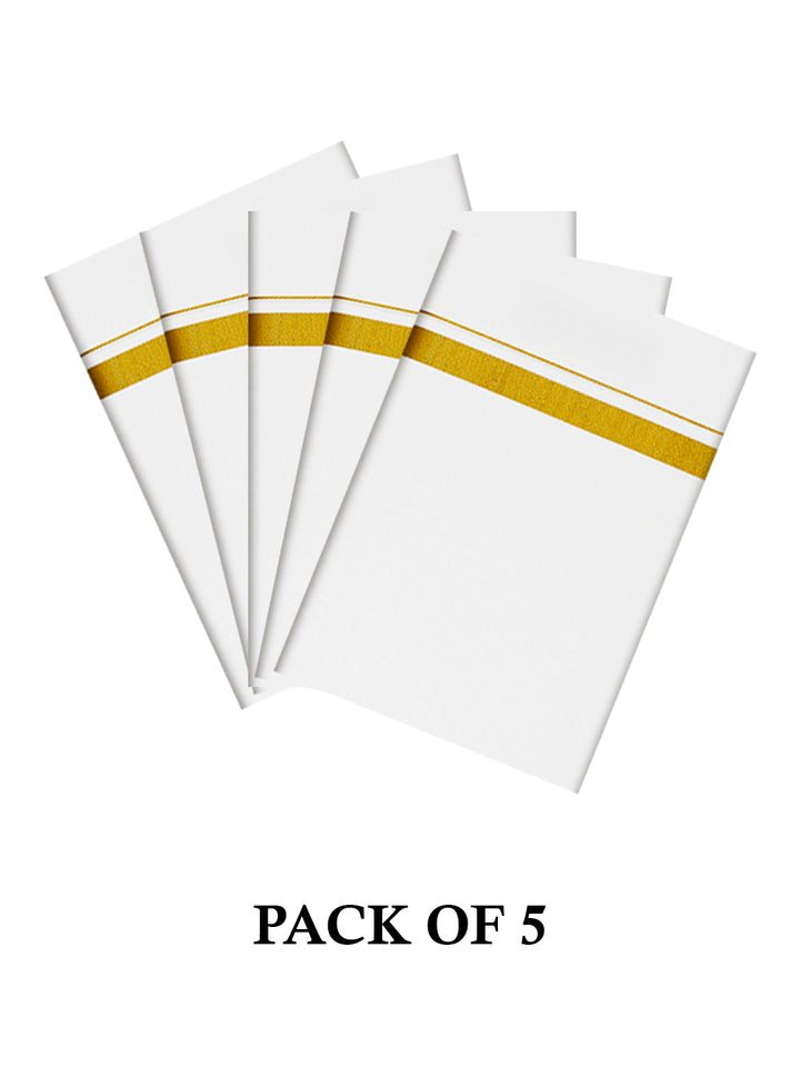 Men's Cotton White Color Single Layered Dhoti with 3/4" Gold Jari Border _ Pack of 5