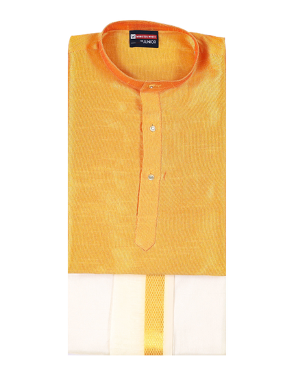 Boys Orange Colour Kurtha with Gold Jari Panchakacham Combo Chitrang by Minister White