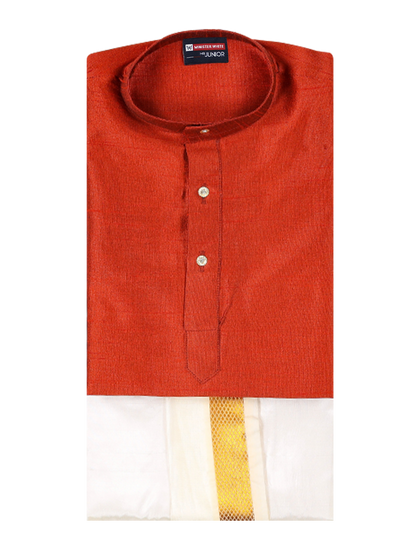 Boys Red Colour Kurtha with Gold Jari Panchakacham Combo Chitrang by Minister White