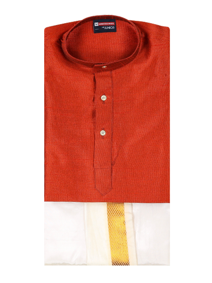 Boys Red Colour Kurtha with Gold Jari Panchakacham Combo Chitrang by Minister White