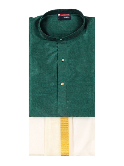 Boys Green Colour Kurtha with Gold Jari Panchakacham Combo Chitrang by Minister White