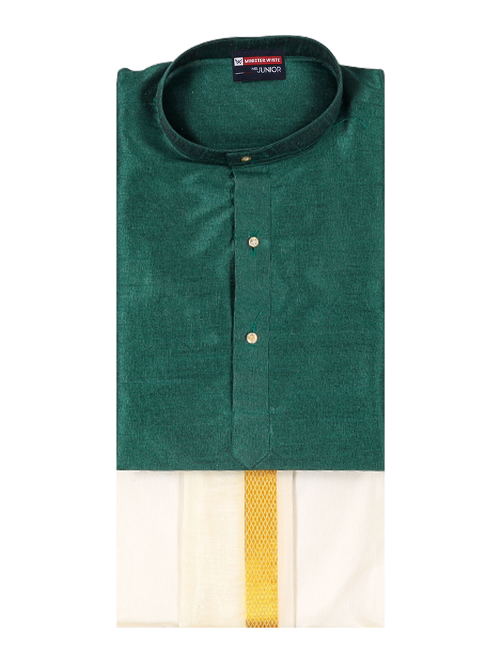 Boys Green Colour Kurtha with Gold Jari Panchakacham Combo Chitrang by Minister White
