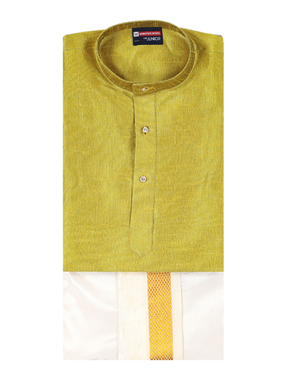 Boys Light Green Colour Kurtha with Gold Jari Panchakacham Combo Chitrang by Minister White