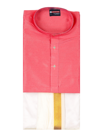 Boys Pink Colour Kurtha with Gold Jari Panchakacham Combo Chitrang by Minister White