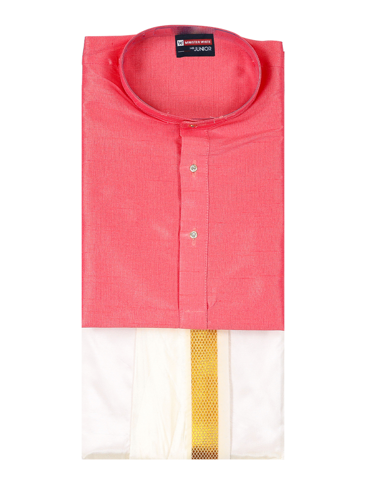 Boys Pink Colour Kurtha with Gold Jari Panchakacham Combo Chitrang by Minister White