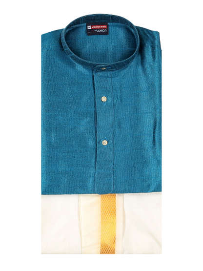 Boys Dark Blue Colour Kurtha with Gold Jari Panchakacham Combo Chitrang by Minister White