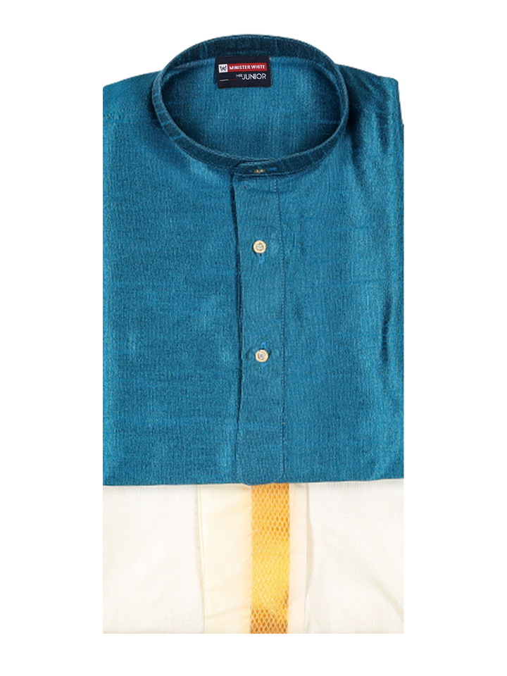 Boys Dark Blue Colour Kurtha with Gold Jari Panchakacham Combo Chitrang by Minister White