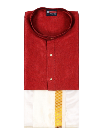 Boys Brown Colour Kurtha with Gold Jari Panchakacham Combo Chitrang by Minister White