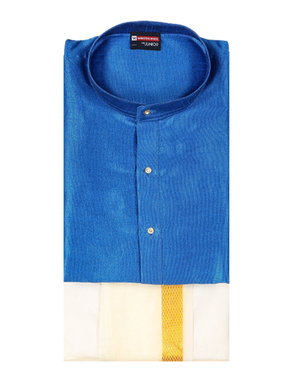 Boys Blue Colour Kurtha with Gold Jari Panchakacham Combo Chitrang by Minister White