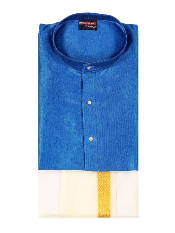 Boys Blue Colour Kurtha with Gold Jari Panchakacham Combo Chitrang by Minister White