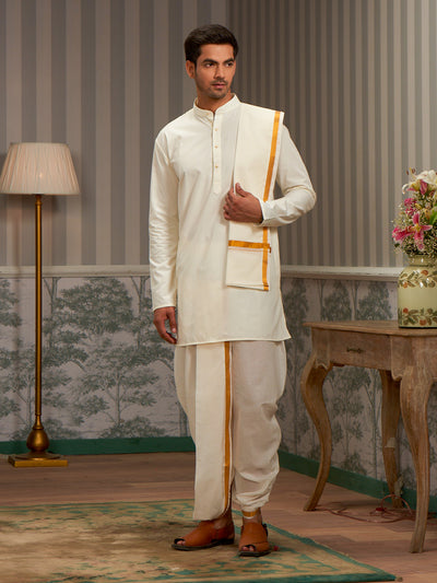 Mens Cotton Cream Kurta with 1" Gold Jari Panchakacham Angavastram Combo