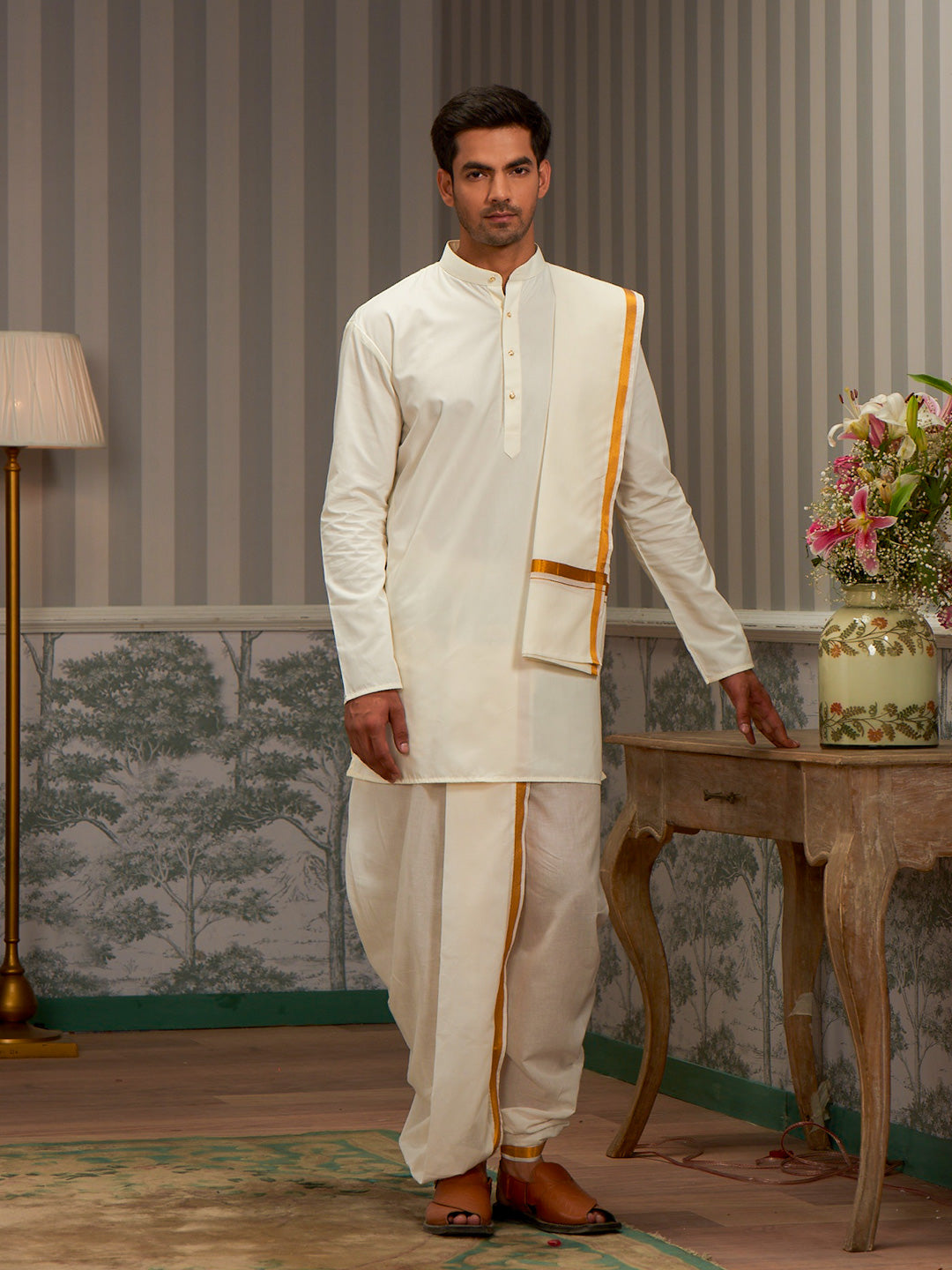 Mens Cotton Cream Kurta with 1 1/2" Gold Jari Panchakacham Angavastram Combo