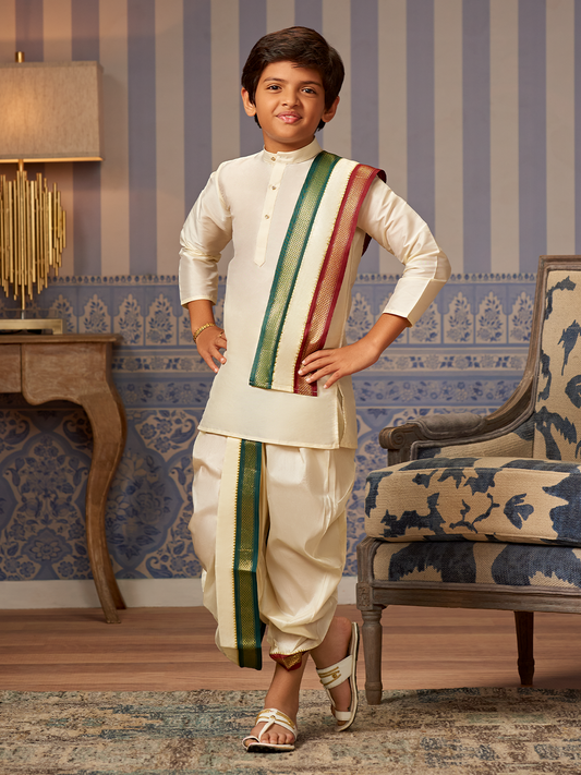 Boys Art Silk Cream Kurta Readymade Mayilkhan Border Panchakacham Towel Combo Zale by Minister White