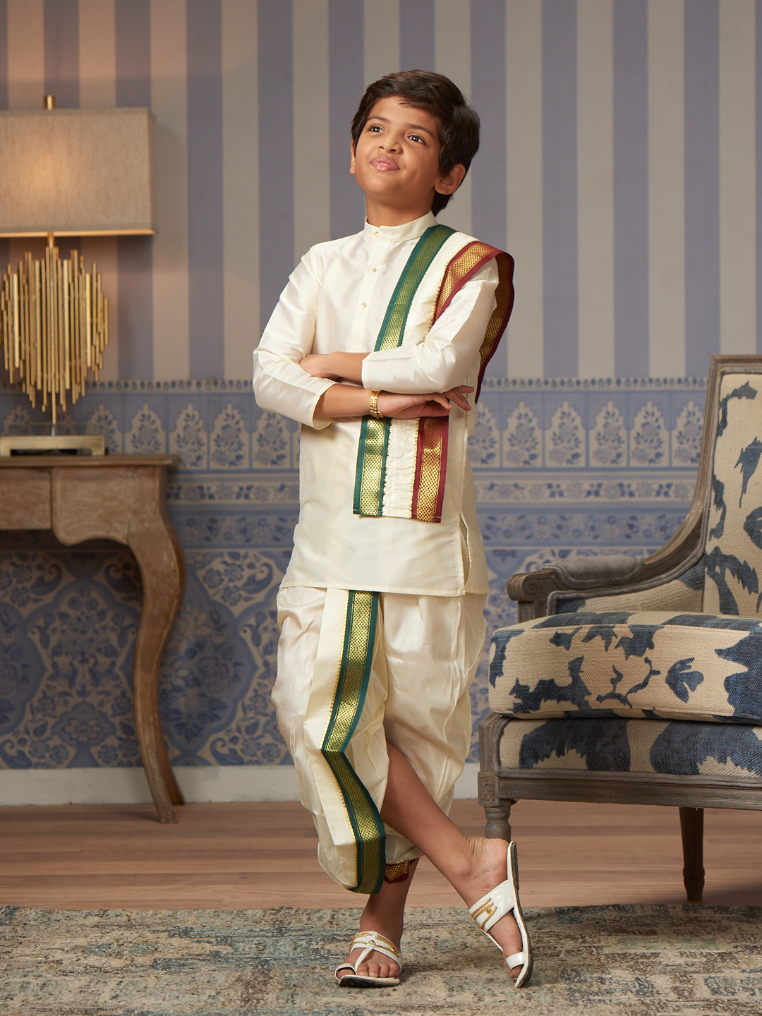 Boys Art Silk Cream Kurta Readymade Mayilkhan Border Panchakacham Combo Zale by Minister White