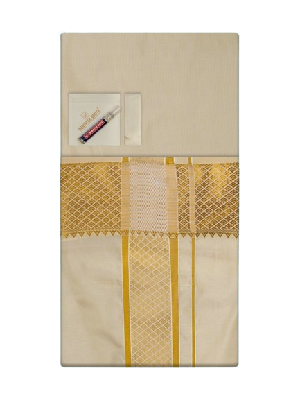 Men's Premium Art Silk Medium Gold Shirt Bit with 3" Gold Jari Border Dhoti Combo Tilak