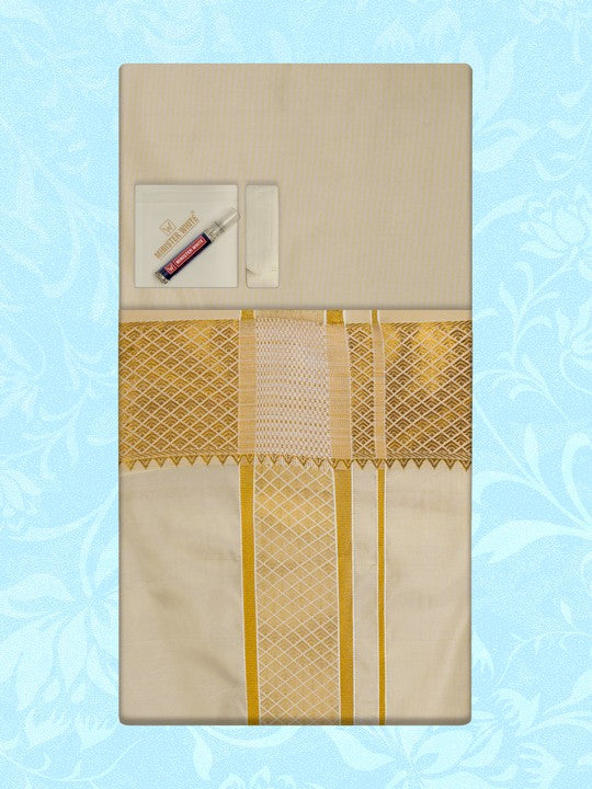 Men's Premium Art Silk Medium Gold Shirt Bit with 3" Gold Jari Border Dhoti Combo Tilak