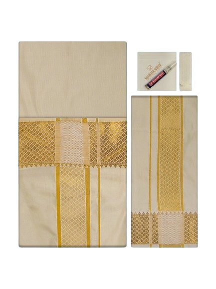 Men's Premium Art Silk Medium Gold Shirt Bit with 3" Gold Jari Border Dhoti Towel Combo Tilak