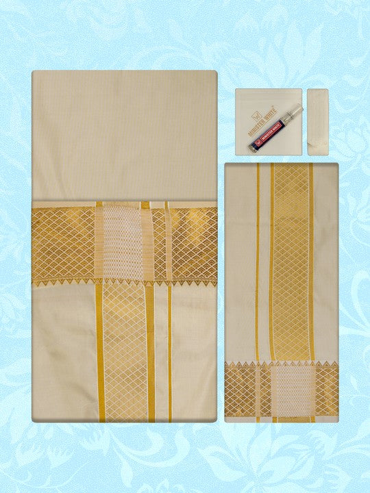 Men's Premium Art Silk Medium Gold Shirt Bit with 3" Gold Jari Border Dhoti Towel Combo Tilak