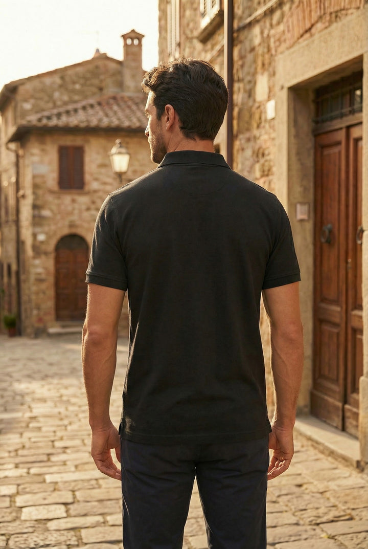Men's Black Regular Fit Polo T-Shirt with Pocket Striker back pose