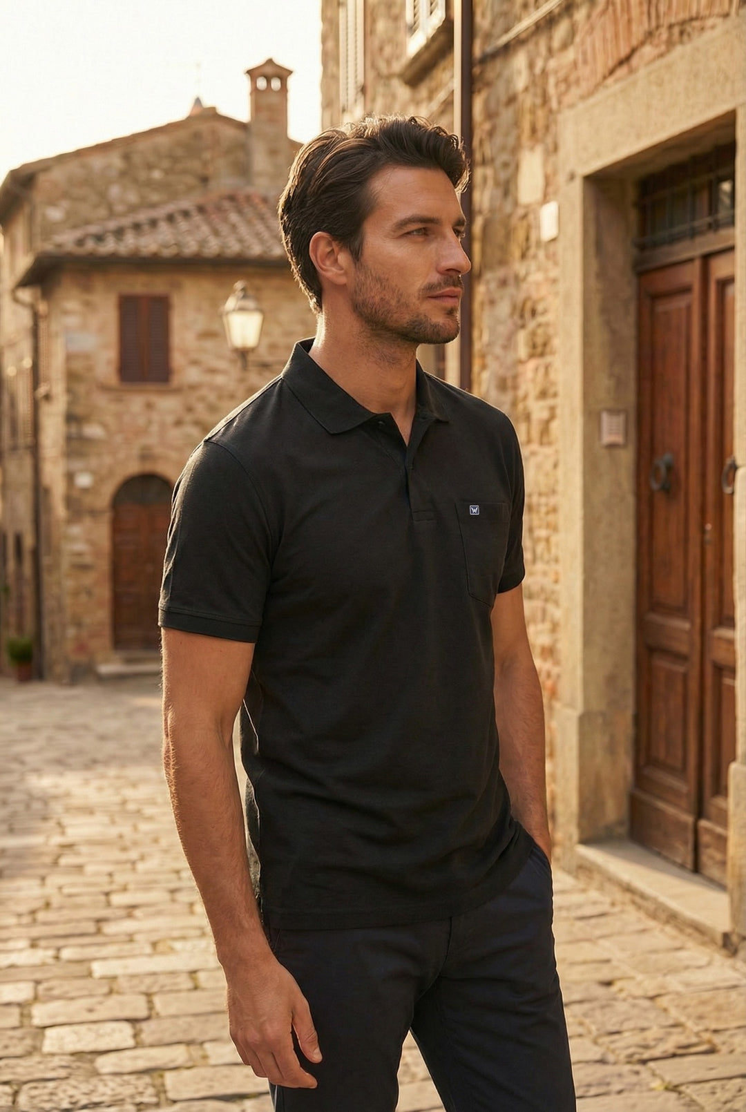 Men's Black Regular Fit Polo T-Shirt with Pocket Striker side pose