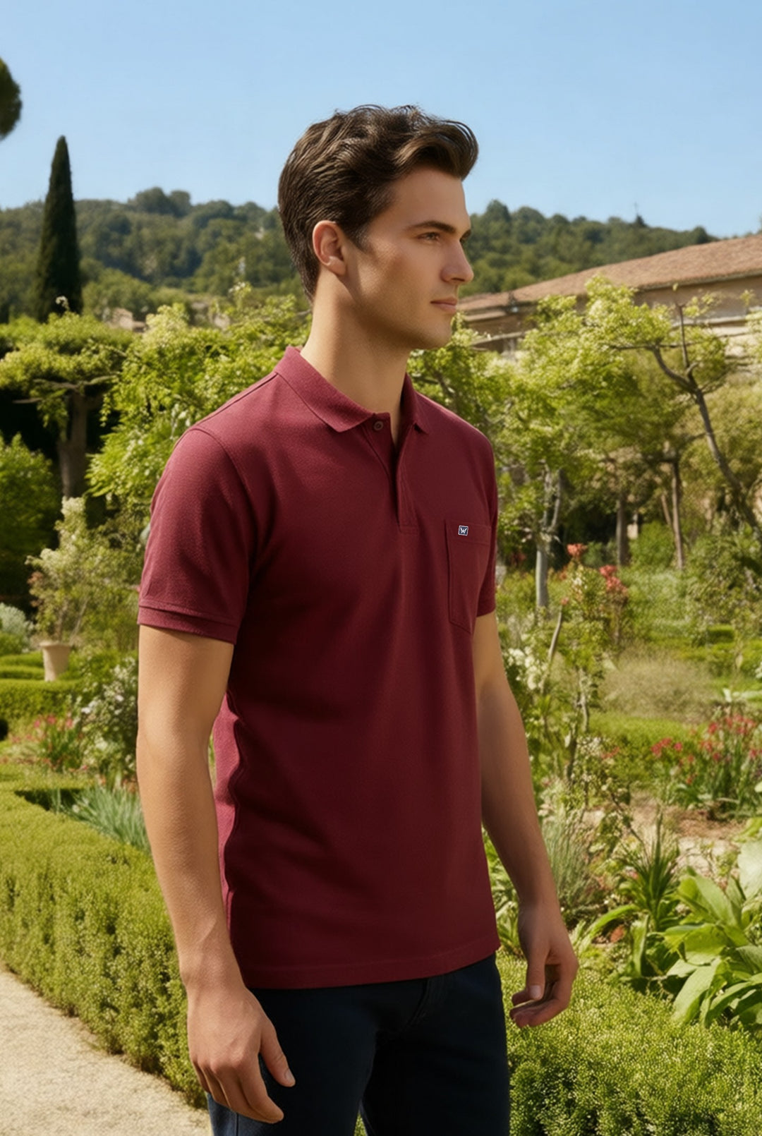 Men's Maroon Regular Fit Polo T-Shirt with Pocket Striker side pose