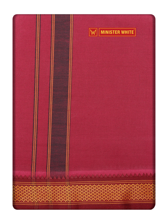 Men's Maroon color Cotton Single Layered Dhoti with Assorted Border Sendan