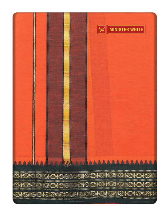 Men's Orange color Cotton Single Layered Dhoti with Assorted Border Shanmukh