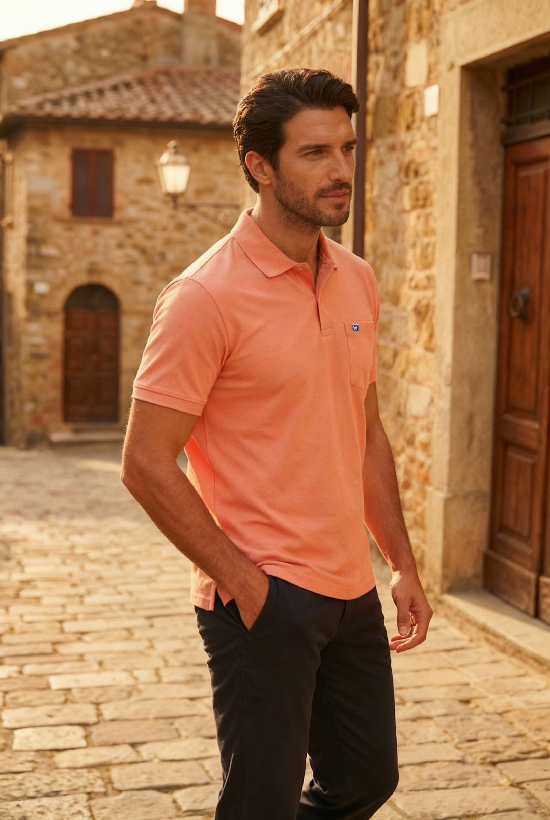 Men's Peach Regular Fit Polo T-Shirt with Pocket Striker side pose