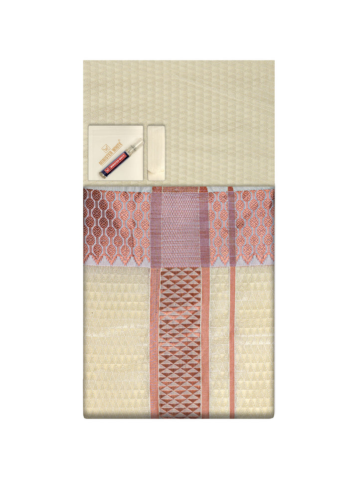 Men's Premium Art Silk 2 1/2" Copper Jari Border Cream Dhoti Towel Combo Sieger