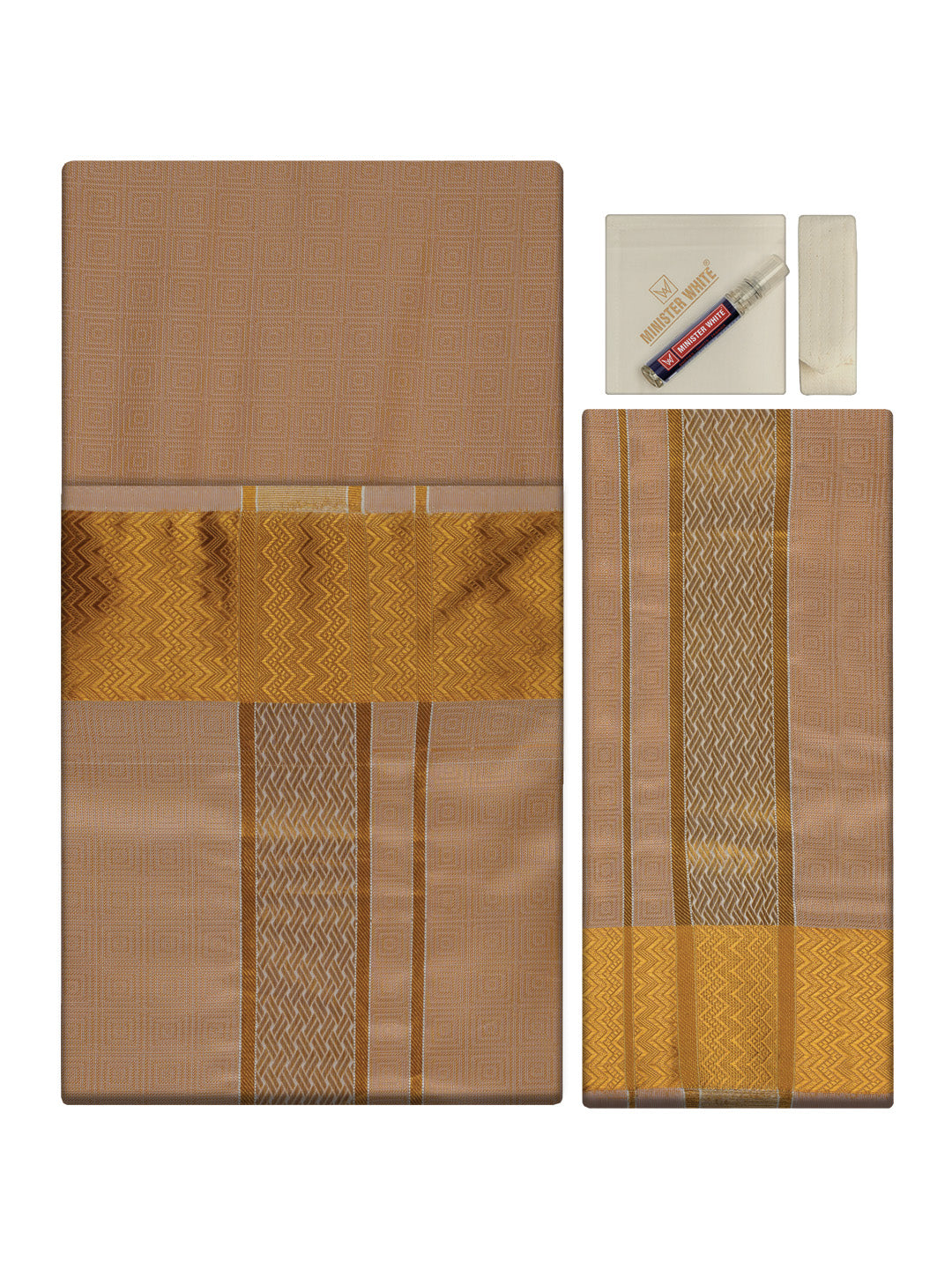Men's Premium Art Silk Biscuit Shirt Bit with 2 1/2" Gold Jari Border Dhoti Towel Combo Sieger