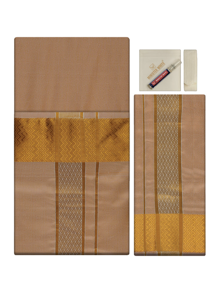 Men's Premium Art Silk Biscuit Shirt Bit with 2 1/2" Gold Jari Border Dhoti Towel Combo Sieger