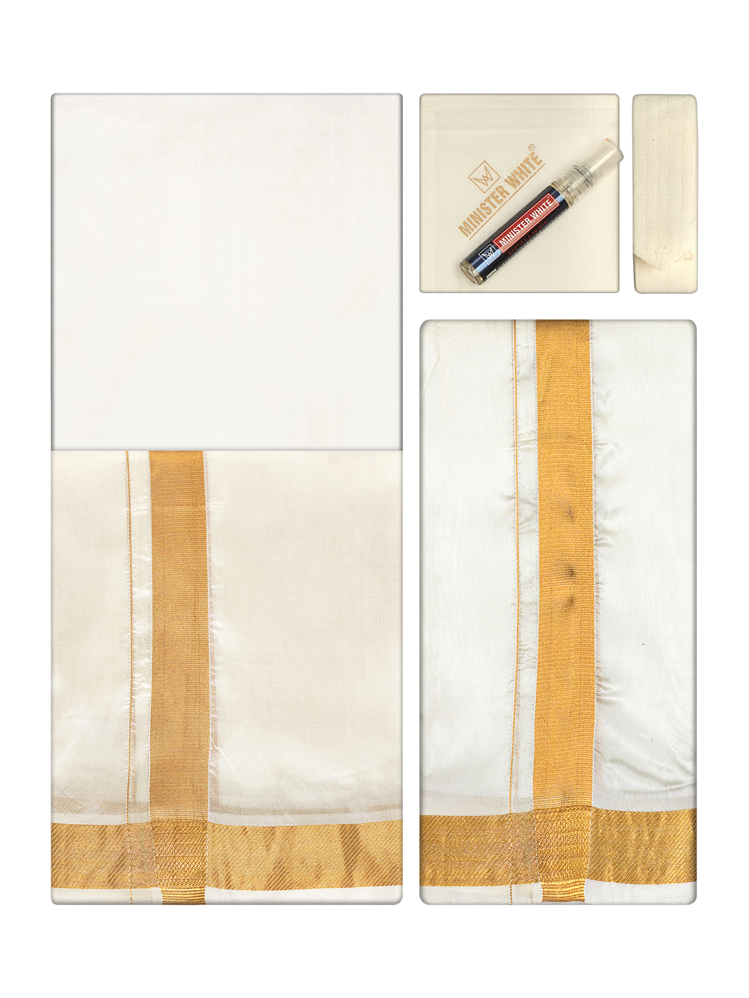 Men's Premium Art Silk Cream Shirt Bit with 100k Gold Jari Border Dhoti Towel Combo Wedding Wonders