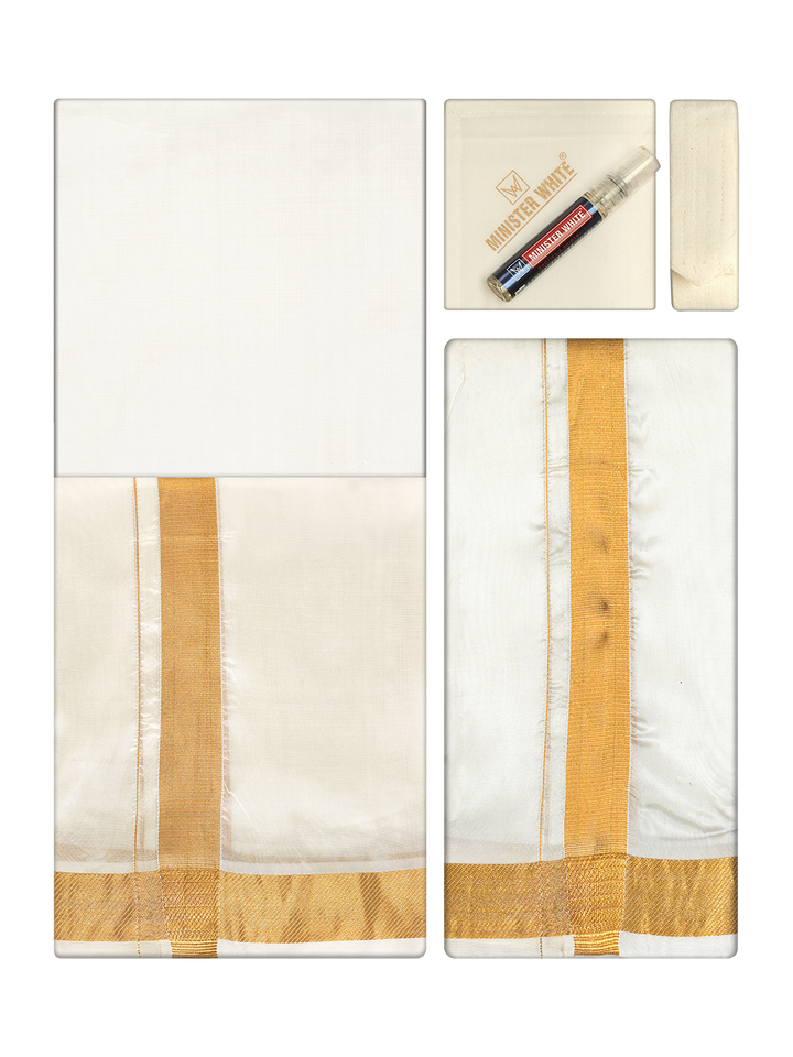 Men's Premium Art Silk Cream Shirt Bit with 100k Gold Jari Border Dhoti Towel Combo Wedding Wonders