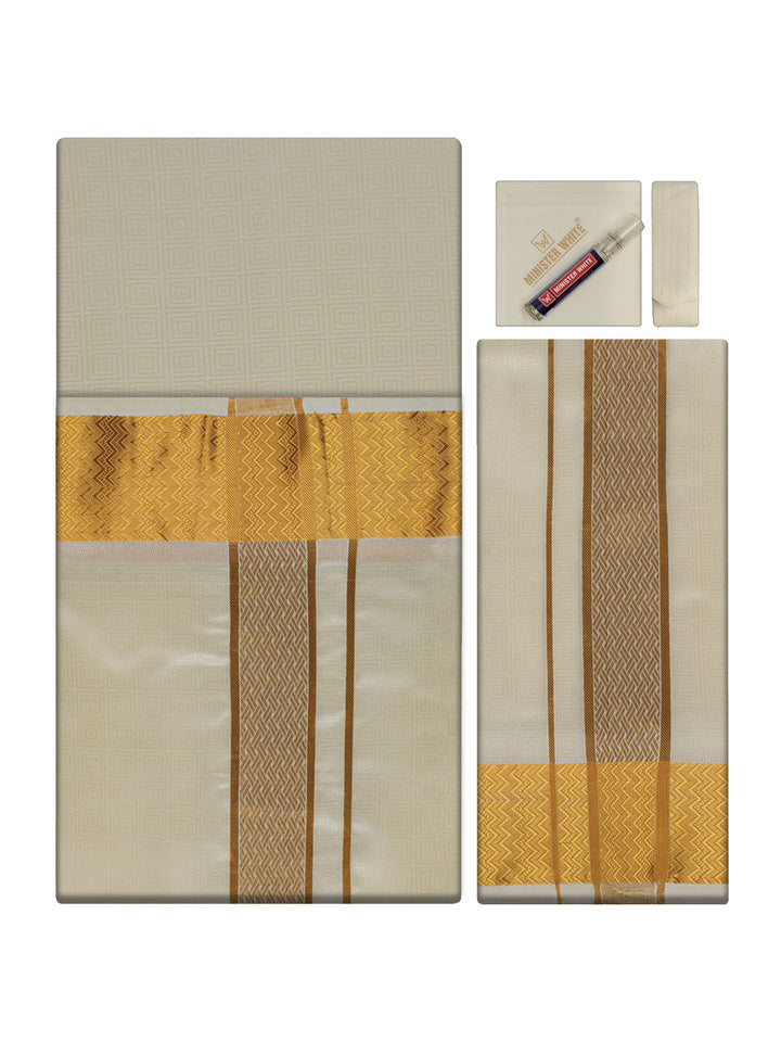 Men's Premium Art Silk Cream Shirt Bit with 2 1/2" Gold Jari Border Dhoti Towel Combo Sieger