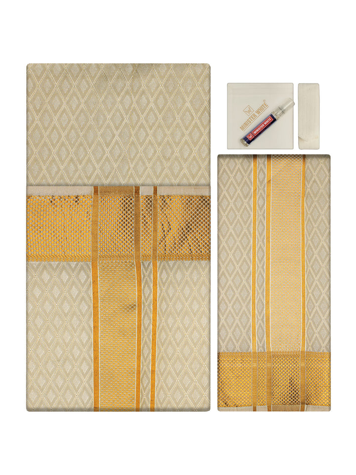 Men's Premium Art Silk Cream Shirt Bit with 2 1/2" Gold Jari Border Dhoti Towel Combo Sweden