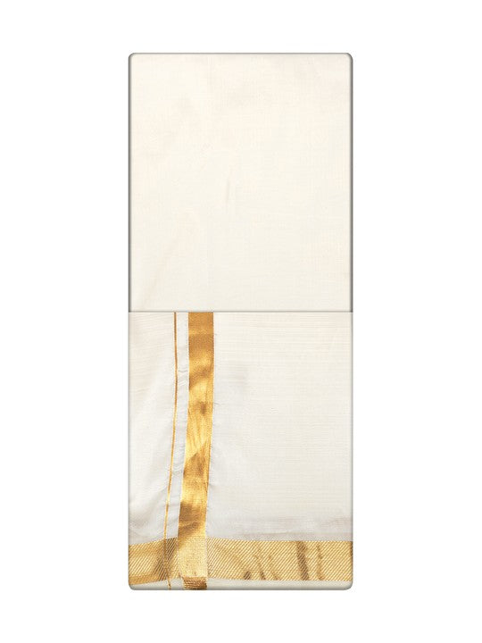 Men's Premium Art Silk Cream Shirt Bit with 50k Gold Jari Border Dhoti Combo Cherished Moments