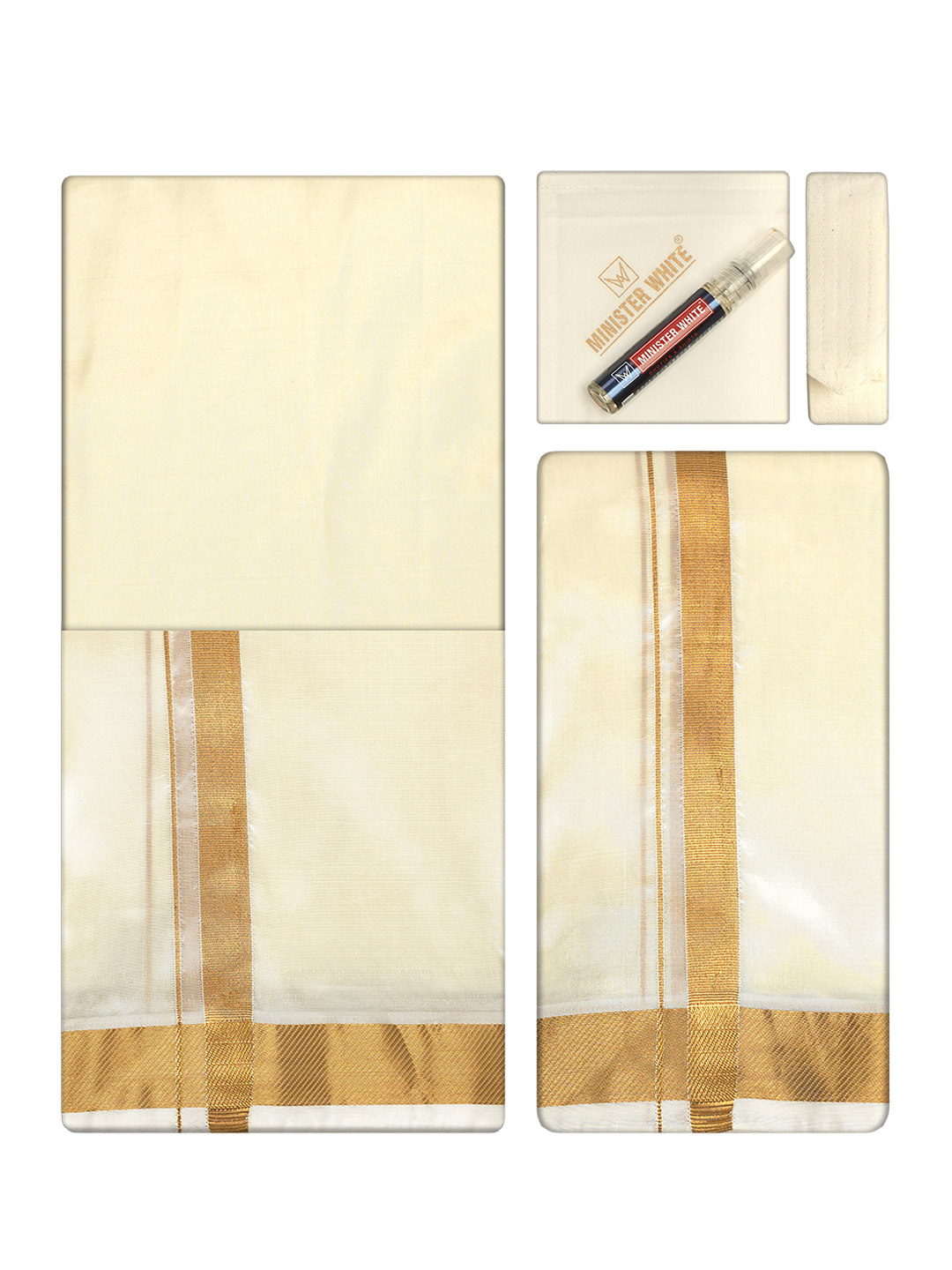 Men's Premium Art Silk Cream Shirt Bit with 50k Gold Jari Border Dhoti Towel Combo Wedding Wonders