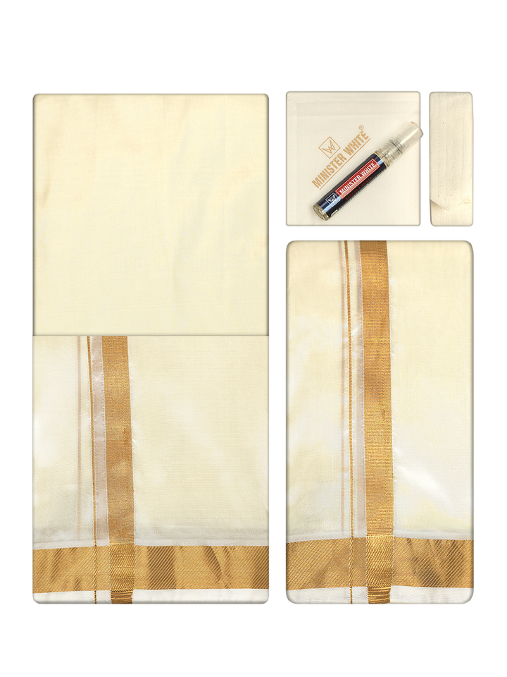 Men's Premium Art Silk Cream Shirt Bit with 50k Gold Jari Border Dhoti Towel Combo Wedding Wonders