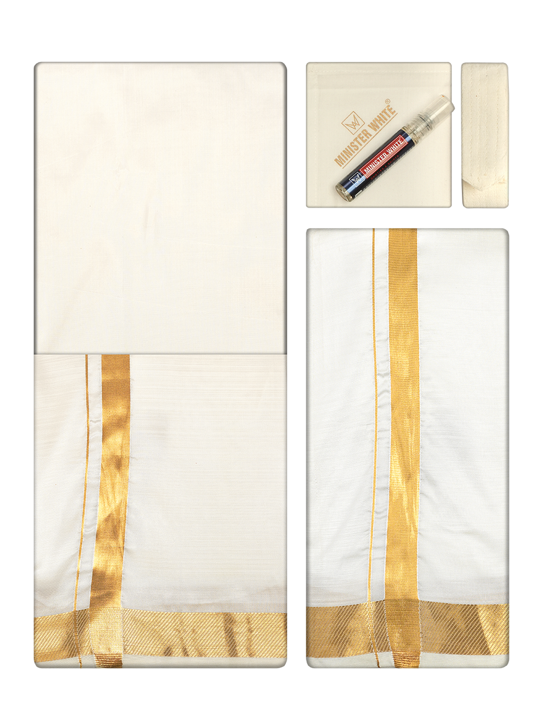 Men's Premium Art Silk Cream Shirt Bit with 70k Gold Jari Border Dhoti Towel Combo Wedding Wonders