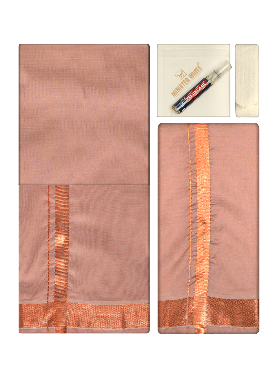 Men's Premium Art Silk Dark Copper Shirt Bit with Copper Jari Border Dhoti Towel Combo Wedding Wonders