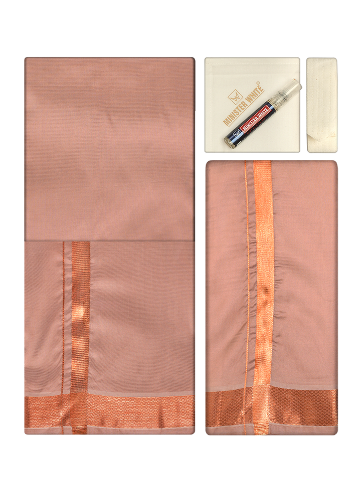 Men's Premium Art Silk Dark Copper Shirt Bit with Copper Jari Border Dhoti Towel Combo Wedding Wonders