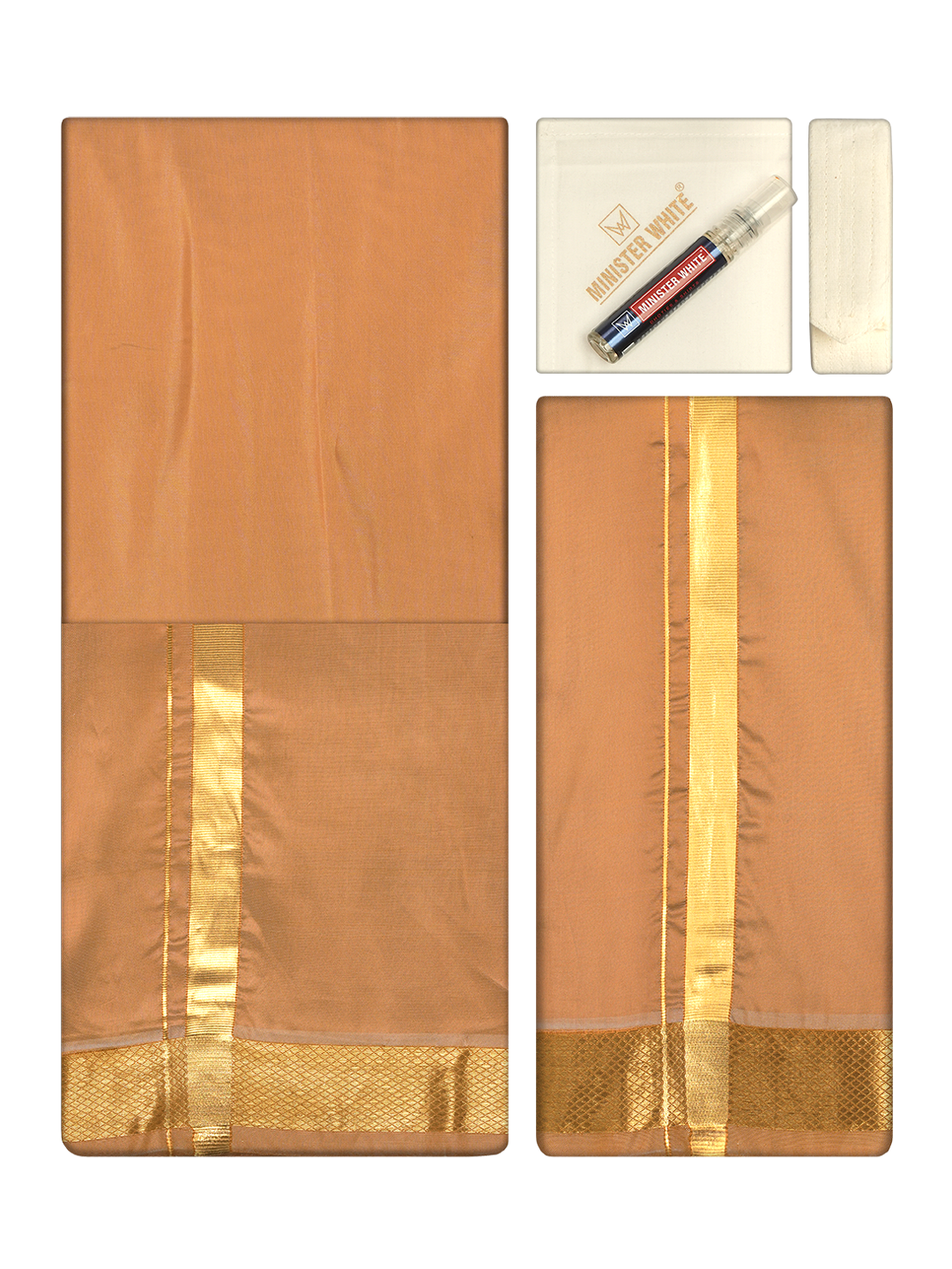 Men's Premium Art Silk Dark Gold Shirt Bit with Gold Jari Border Dhoti Towel Combo Wedding Wonders